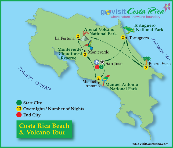 Costa Rica Beach & Volcano Tour Map