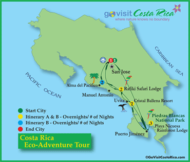 Mapa del Tour de Eco-Aventura en Costa Rica